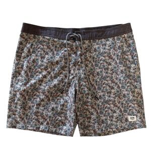 Katin Mens Size 36 Floral‎ Swim Trunks Beige Blue Brown Beach Board Shorts